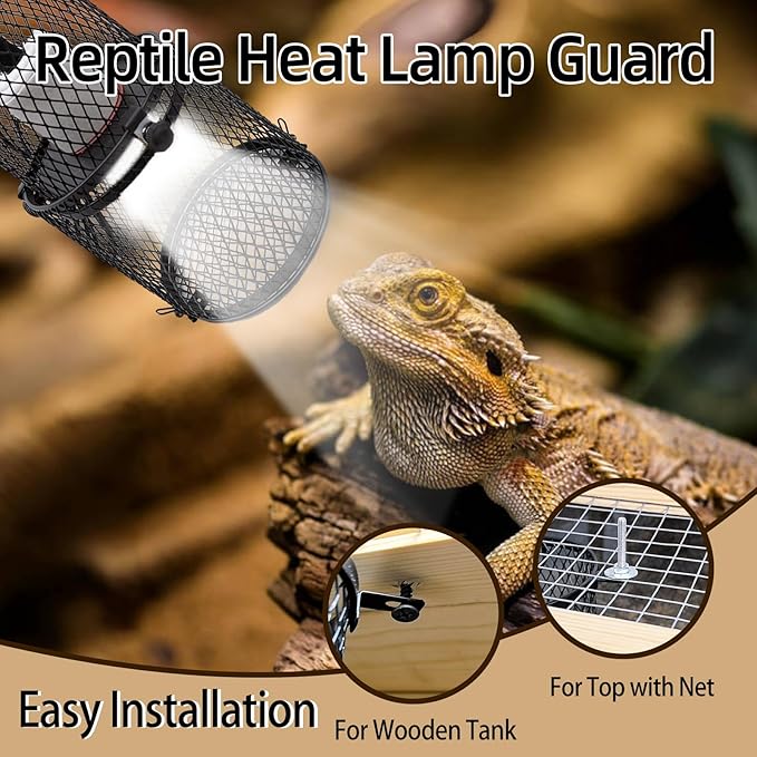 kathson Retractable Reptile Heat Lamp Guard,Reptile Anti-Scald Mesh Cage Protection Lampshades with Thermometers,Ceramic Heat Emitter Lamp Fixture Holder for Snake Lizard Turtle Frog,Without Bulb