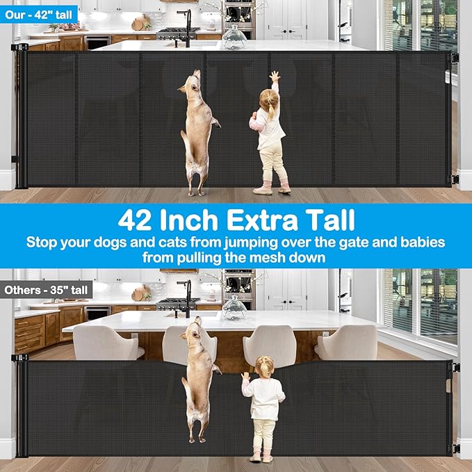 Reinforced Bottom 42" Extra Tall x 100" Extra Wide Retractable Baby/Pet Gate - Black Mesh - Wall Mount - Suitable for Babies, Dogs, Cats (6-24 months) - HH-A126