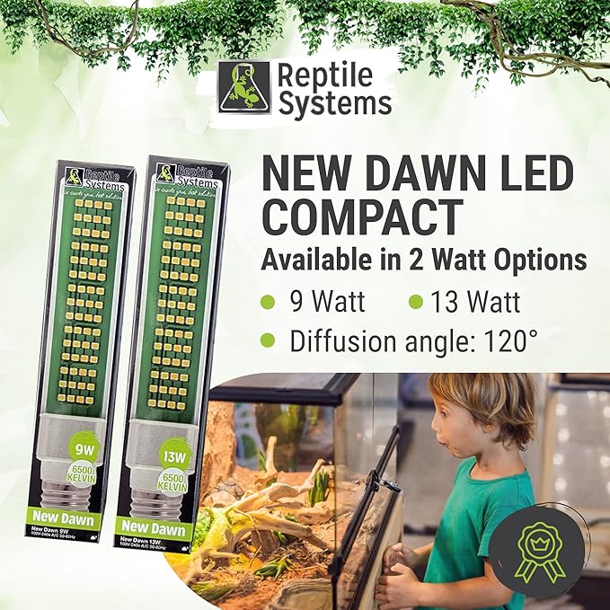 Reptile Systems New Dawn LED Compact – Balanced 6500K 13w Light for Enclosure Illumination – Compact Fixture for Terrariums & Vivariums – Enhances Clarity & Display