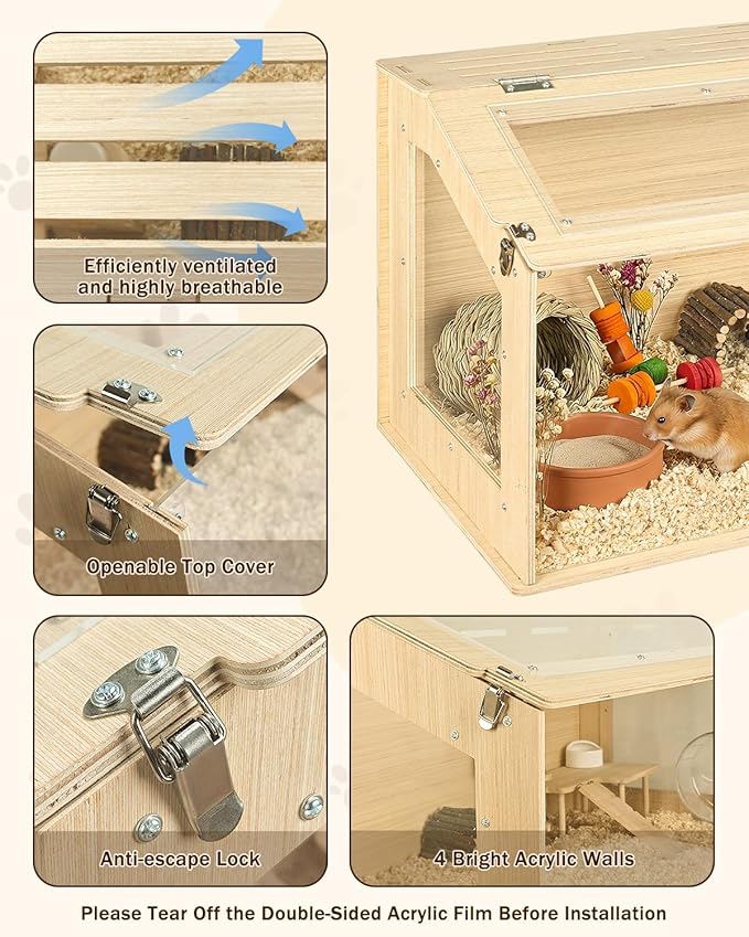 Large Wooden Hamster Cage, 31.5" Portable Habitat with Acrylic Panels & Openable Top, Includes Water Bottle, Fences and Platform for Syrian Hamsters, Dwarf Hamsters, Gerbils