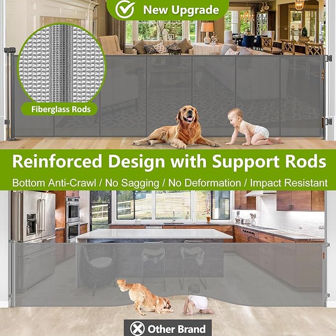 Reinforced 42" Tall Retractable Dog Gate Mesh Baby Fence Gate, 16 Ft Long Baby Gates Indoor Extra Long Gates for Kids or Pets, Outdoor Retractable Gate with Support Rods - Prevent Crawling Under, Gray