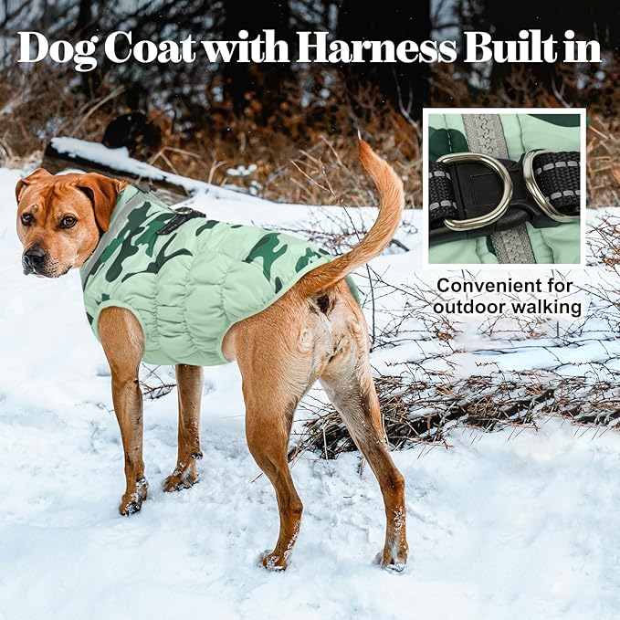 Lelepet Warm Dog Winter Coat Dog Coats for Large Dogs Waterproof Dogs Jacket with Harness Built in Reflective Cold Weather Coats Zip-Up Winter Fleece Vest Snowsuit Boston Terrier Mint Green Camo L