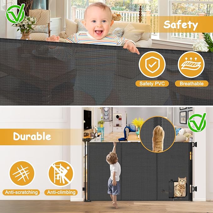 Reinforced 60” Wide Retractable Baby Gate with Cat Door 33” Tall Retractable Pet Gates with Reinforced Strips Mesh Dog Gate with Cat Door Mesh Gates for Kids or Pets Cats Can in and Out Freely,Black