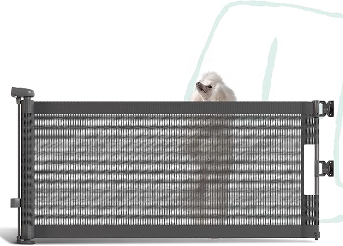 15.7" H Mesh Short Dog Gate, Extends Up to 59" W Retractable Pet Gate with Drill Installation, Small Dog Gate for Stairs, Easy Step Over Low Puppy Gate for Doorways Indoor Outdoor, Grey