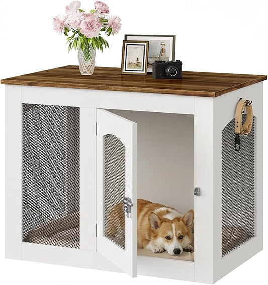CHOEZON Wooden 30.1" Dog Crate Furniture, Farmhouse Pet Cage End Table with Secure Lock, Ventilated Mesh for Medium Dogs, Dog Kennel Furniture for Living Room, Bedroom, White and Walnut MGW02WL