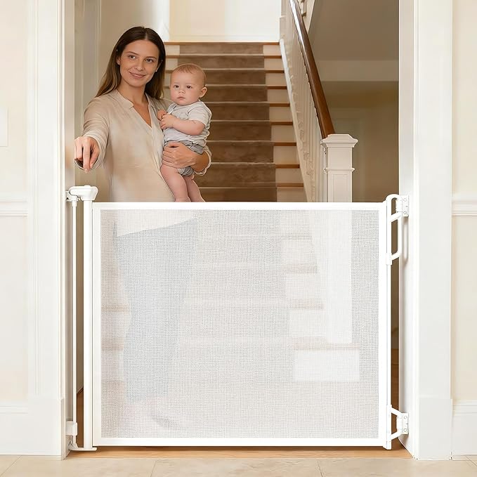 Spaceany Retractable Safety Baby Gate or Mesh Dog Gate,Durable Portable Mesh Retractable Gate,Easy to Use for Stairs, Doorways, Hallways, Indoor, Outdoor, 33.5" Tall, Extends to 55" Wide,White
