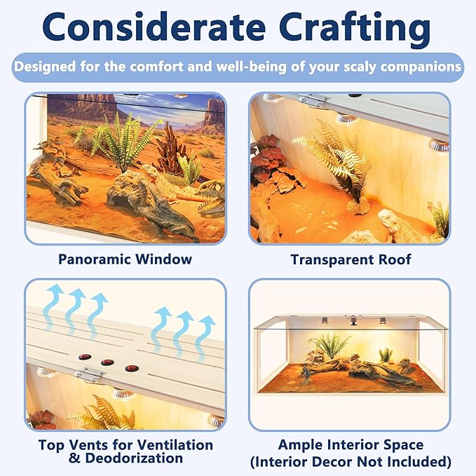 PROLEE Bearded Dragon Tank, Lizard Tank with Clear Tempered Glass Roof, Anti-Scratch Reptile Enclosure, Reptile Tank Built-in Light Fixtures with Switch (48X20X20inch,80 Gallons)