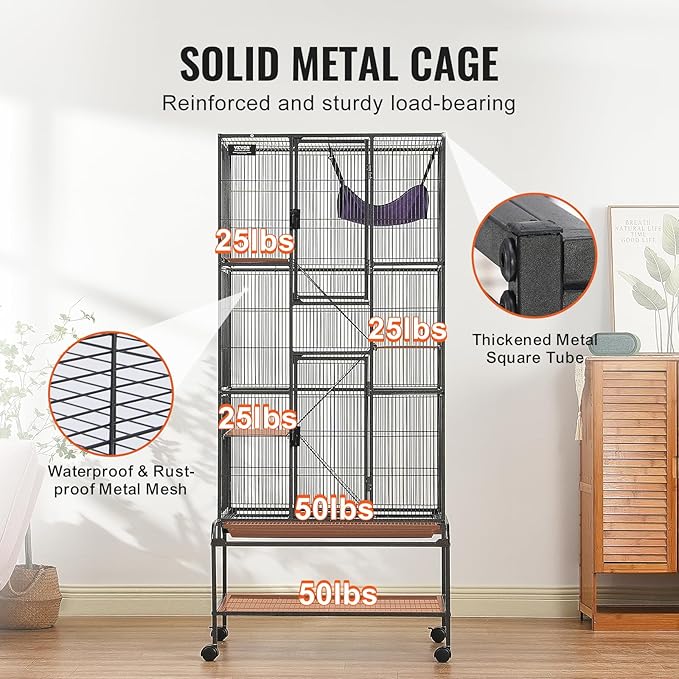 VEVOR 69" Rolling Metal Ferret Cage, Large 4-Tier Cage, Small Animal Cage with Ramps & Tray, Easy to Set up for Pet Mice, Hamster, Guinea Pig, Chinchilla, Squirrel, Hedgehogs, Bunny
