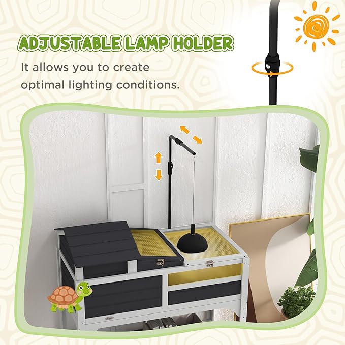 PawHut Tortoise Habitat with Adjustable Lamp Holder, 2 Layer Tortoise Enclosure with Storage Shelf, Removable Main House, Fixed Tray, Openable Lid, Gray