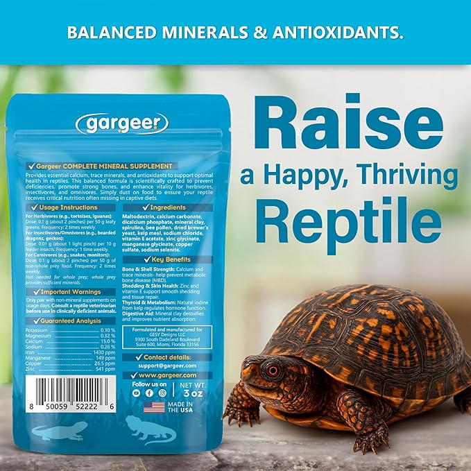 Gargeer 'Complete Minerals Plus' Supplement for All Reptiles | Supports Strong Bones, Shell, Skin, Muscle Function, Metabolism & Clay Minerals Boost | Lizards, Turtles & Tortoises | 3oz | Made in USA