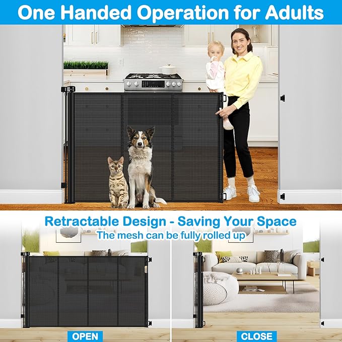 Reinforced 42" Tall X 80" Wide Retractable Dog Gate for Hallway Extra Tall Baby Gates for Dogs Indoor High Reinforced Bar Retractable Baby Gates for Doorways Extra Wide Pet Gate Outdoor, Black