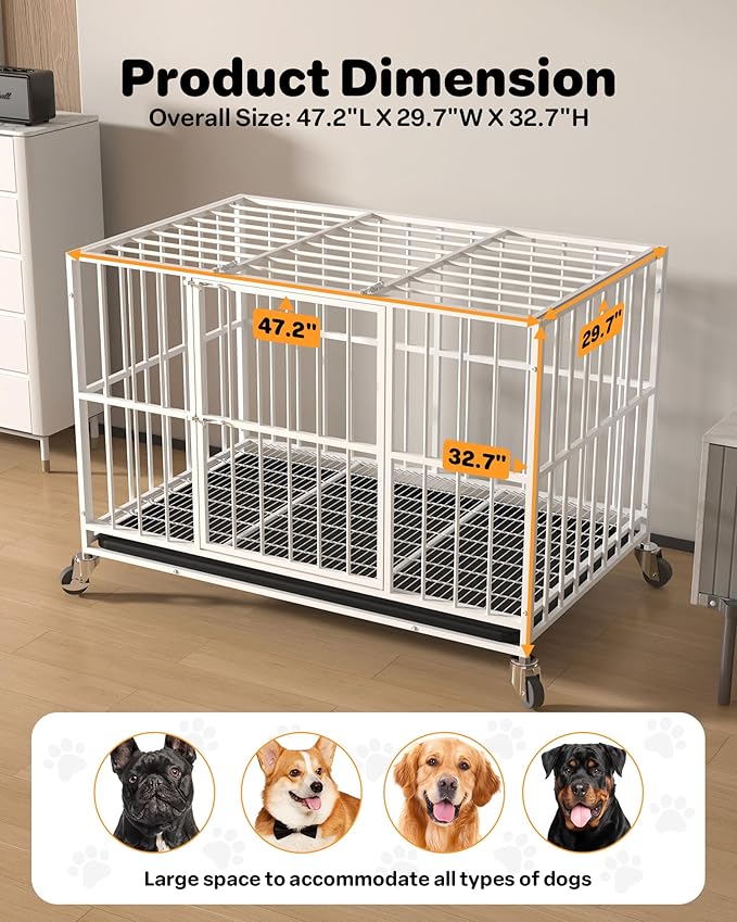 48 in White Heavy Duty Dog Crate Steel Escape Proof, Indoor Double Doors and Lockable Wheels,Removable Tray, for Dog Breeds,XL,XXL