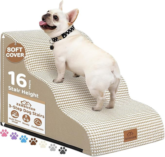 Zerbuger Dog Ramp and Stair for Bed 16" H-20 H,3-Step Cat Stair for Sofa and Chair,4-Step Dog Ramp for High Bed and Window,Durable Nonslip Fabric Cover for Indoor (Beige-16 H, Pet Friendly, 3)