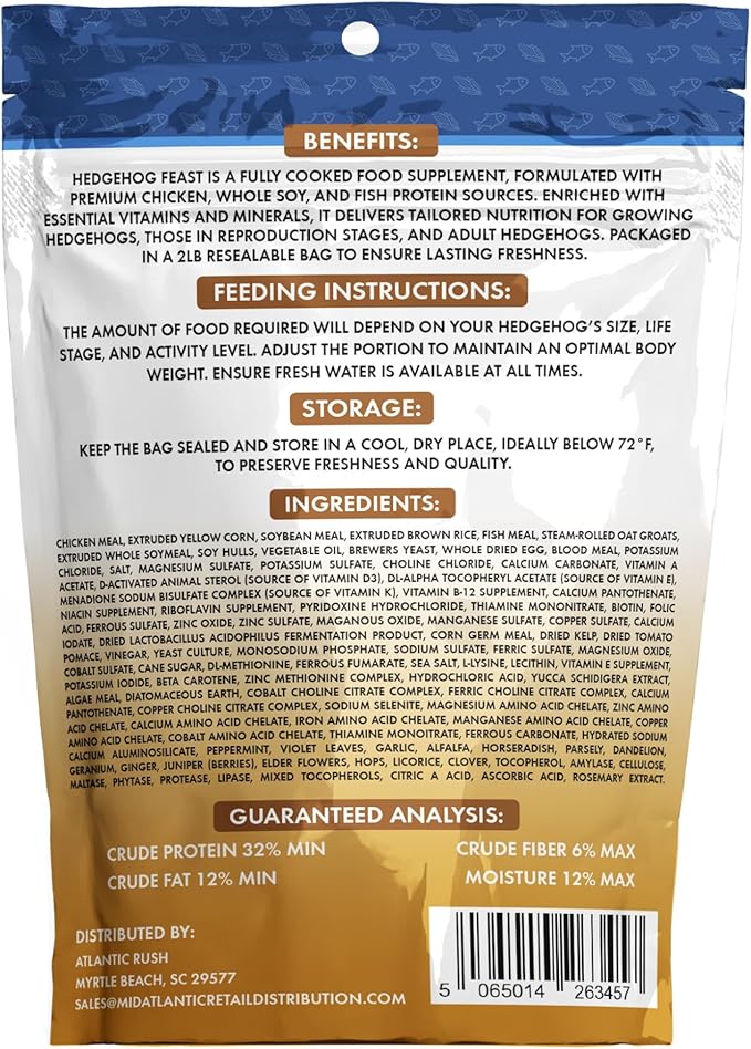 Atlantic Rush Hedgehog Feast Premium Food - Resealable Bag of Hedge Hog Delite- Small Critter Supplies Hedge Hog Food - Hedgehog Treats- Sourced & Made in The USA (2lb Hedgehog Feast)