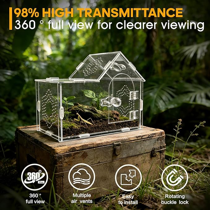Acrylic Jumping Spider Enclosure with Magnetic Lock – Clear Ventilated Terrarium Box for Tarantulas, Geckos, Mantises, Hermit Crabs, Snails, and Other Small Pets (7.9 x 4 x 6 Inch)