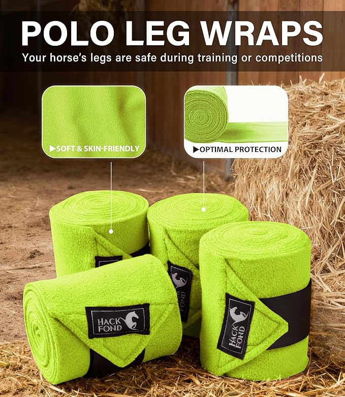 Fleece Horse Polo Leg Wraps Set of 4, 10' Horse Leg Bandages Stable Supplies Equestrian Boots Lime Zest