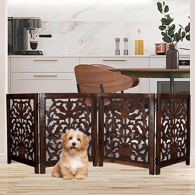 Lightnpro Wooden Dog Gate -Foldable Freestanding Pet Gate for Indoor Use, Adjustable Safety Barrier for Dog, Puppies & Small Pets, for Stairs & Doorways- 24" Height 18" Wide (4 Panel) Natural Burnt
