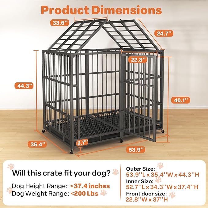 54 in Heavy Duty Dog Crate for Large Dogs, Dog Kennel Indoor with Removable Tray and Lockable Wheels, Easy to Clean, XL Dog Cage for Large and Medium Dogs