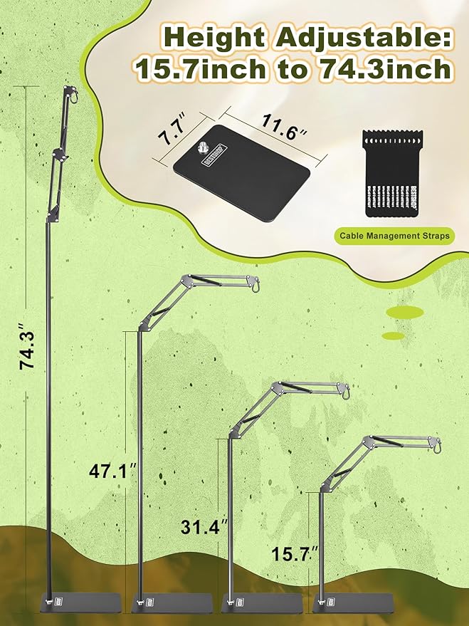 Reptile Light Stand, Heat Bulb Stand (15.7 to 74.3 inch) with Adjustable 360° Swing Arm for Terrarium, Reptile Heat Lamp Stand for Bearded Dragons, Turtles, and Chameleons (Black)