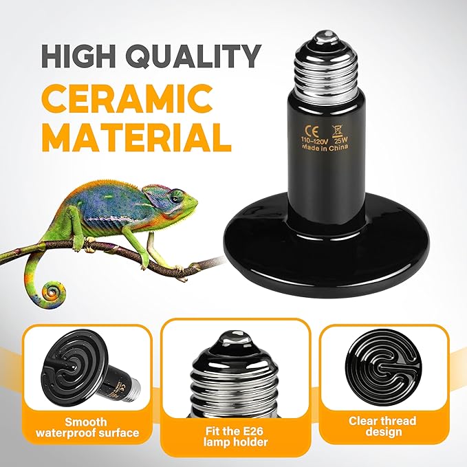 HealSmart 25W Reptile Heat Lamp Ceramic Heat Emitter, No Light Emitting Heat Bulbs, Suitable for Snake/Lizard/Spider, Plant Growth and Incubating Chicken, 4-Pack