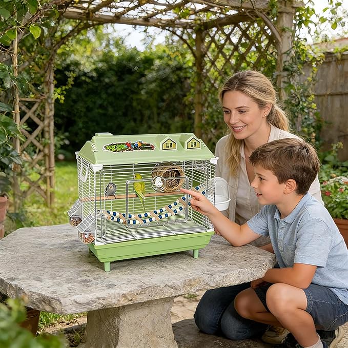 Parakeet Bird Cage, Clear Portable Cockatiel Carrier, Medium Bird with Wooden Perch, Acrylic Lightweight with Removable Tray, Pet with Travel Handle, Indoor Cage for Conures Macaws