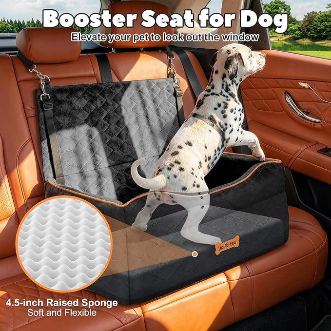 VavoPaw Medium Dog Car Seat, Dog Booster Seat Under 50Lbs or 2 Small Dogs Washable, Pet Car Seats with 2 Safety Leash, Dogs Sofa Bed Cushion Add Thick Sponge, Pet Cars Carrier for Travel, Black