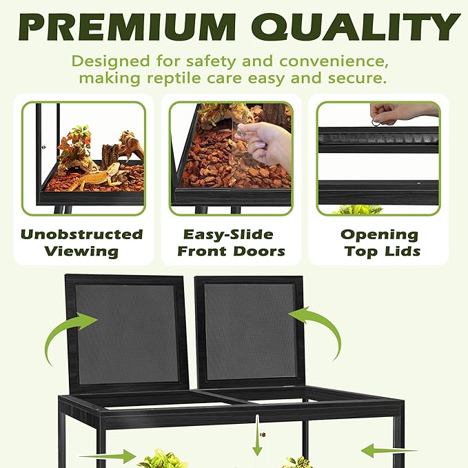 Prolee Bearded Dragon Tank with Leg Stand,Wooden Lizard Tank,Reptile Tank with Metal Mesh Roof Door, Acrylic Panel Snake Tank with Lock Design (Black, 40"x20"x20")