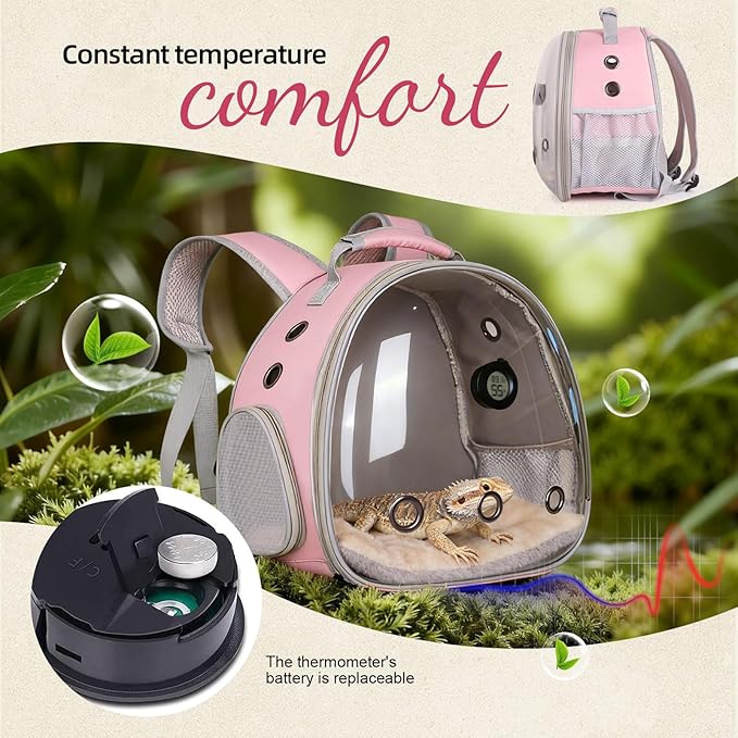 Bearded Dragon Travel Backpack Carrier with Reptile Thermometer and Humidity Gauge Lizard Travel Cage Space Capsule Clear Bubble Window Astronaut Reptile Carrier Bag for Ball Python (Pink, Backpack)