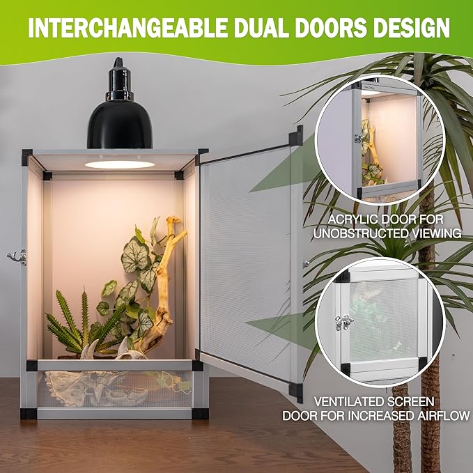 Hybrid Reptile Cage Toxirium 18"x18"x36" with Aluminum Frame, Reptile Enclosure for Gecko,Chameleon, Snake, Frog, Ventilated Tank with Screen & Acrylic Doors, Easy Assembly, Front Dual Access