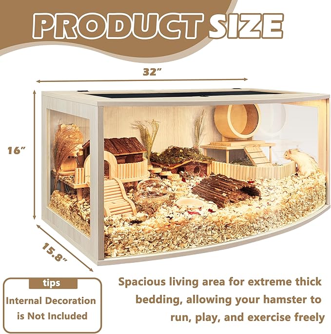 Prolee Hamster Cage Chew Proof Wood, Hamsters Enclosure Openable Top with Curved Design,Waterproof Small Animals Cage with Acrylic Sheets for Gerbils,Hamster Habitat(32 Inches)
