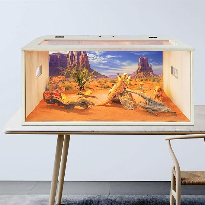 PROLEE Bearded Dragon Tank,Wooden Reptile Tank and Lizard Tank,Tempered Glass Large Bearded Dragon Enclosure with Built-in Lamp Fixture (32X16X16inch,34 Gallons)