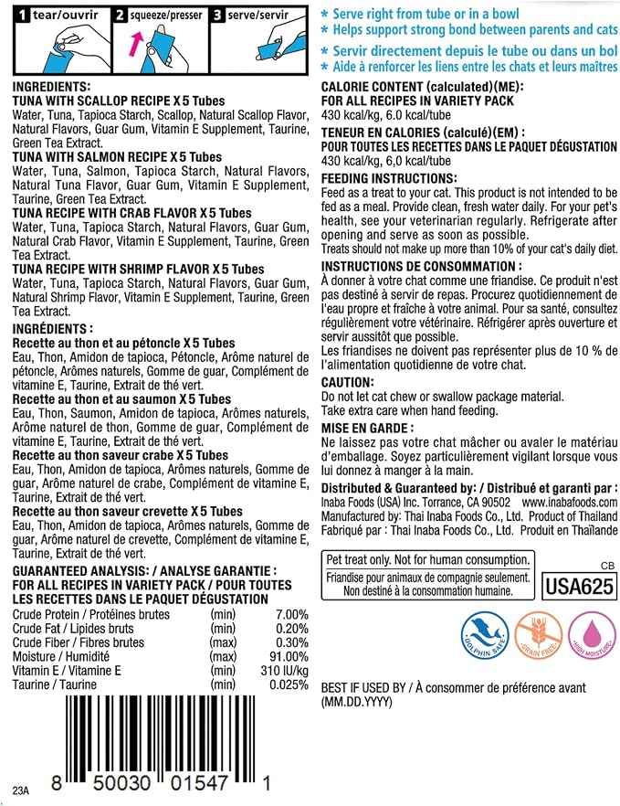 INABA Churu Cat Treats, Lickable, Squeezable Creamy Pur??e Cat Treat with Green Tea Extract & Taurine, 0.5 Ounces Each Tube, 20 Tubes, Tuna & Seafood Variety Box - Image 9