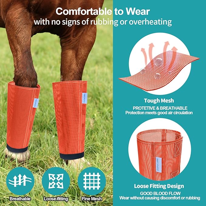 Mesh Horse Fly Boots Set of 4, Loose Fitting Leggings for Horses, Reduce Stressful Stomping, Breathable Adjustable and Universal Fit for 4 Legs, Reliable Stay Put (Orange)