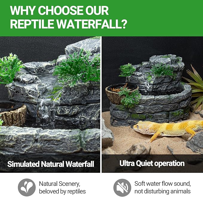 Reptile Water Fountain, Reptile Terrarium Waterfall Drinking Fountain with Food Dish for Bearded Dragon Lizard Leopard Crested Gecko Chameleon Frog