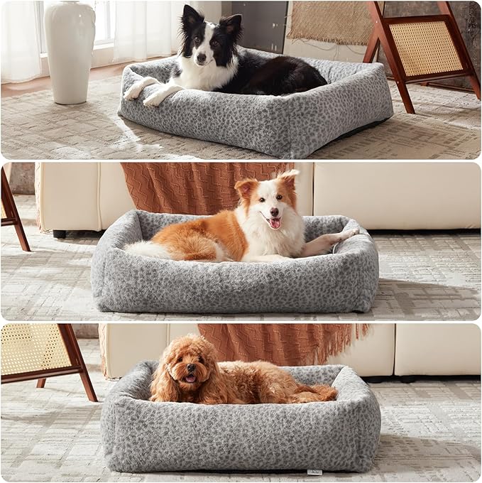 JOEJOY Small Dog Bed for Small Dogs, Removable Washable Cover Orthopedic Soft Faux Rabbit Fur Pet Bed, Anti-Slip Fluffy Plush Puppy Bed, 20"x19"x6", Leopard Print, Grey