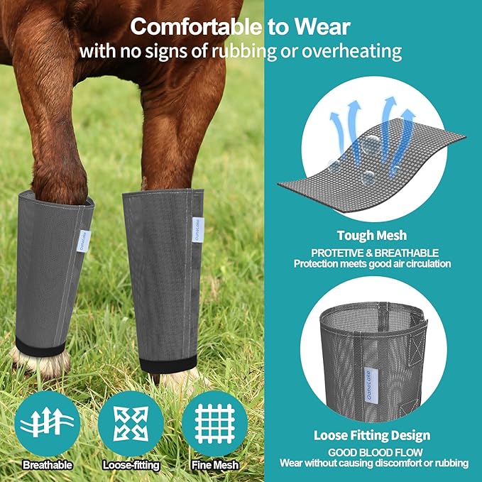Mesh Horse Fly Boots Set of 4, Loose Fitting Leggings for Horses, Reduce Stressful Stomping, Breathable Adjustable and Universal Fit for 4 Legs, Reliable Stay Put (Dark Grey)