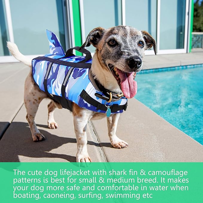 Queenmore Dog Life Jacket Pet Safety Vest High Buoyancy Camouflage Color Cute Shark with Strong Rescue Handle and Leash Ring for Boating, Canoeing, Surfing, Hunting, Blue S
