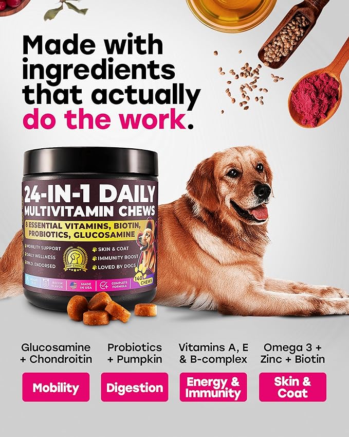 24-in-1 Dog Multivitamin Chews – Dog Vitamins and Supplements with Glucosamine, Chondroitin, Probiotics, Salmon Oil, Biotin – Daily Mobility, Digestion, Skin and Coat Support, Beef Flavor