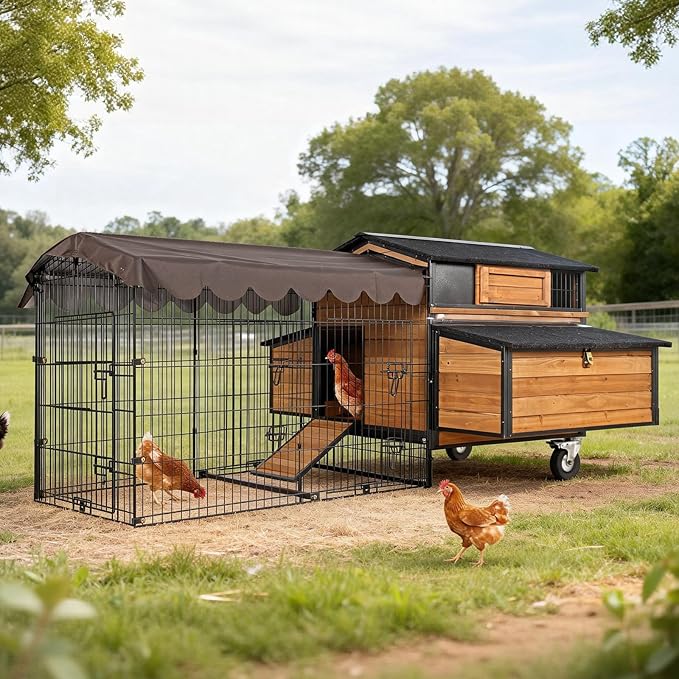 Large Chicken Coop with Run, Mobile Chicken House with Wheels and All-Around Iron Frame, Chicken Tractor Poultry Cage for 6-8 Chickens, Nesting Box, Metal Pull-Out Tray