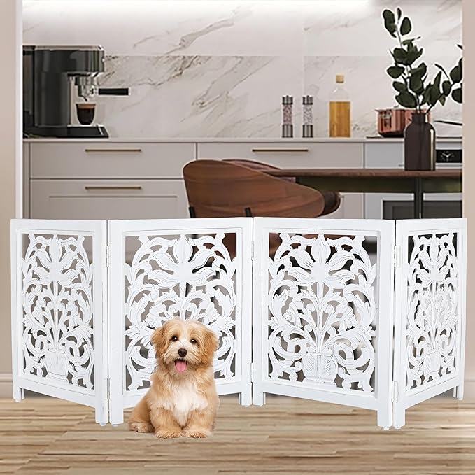 Lightnpro Wooden Dog Gate -Foldable Freestanding Pet Gate for Indoor Use, Adjustable Safety Barrier for Dog, Puppies & Small Pets, for Stairs & Doorways- 24" Height 18" Wide (4 Panel) Antique White