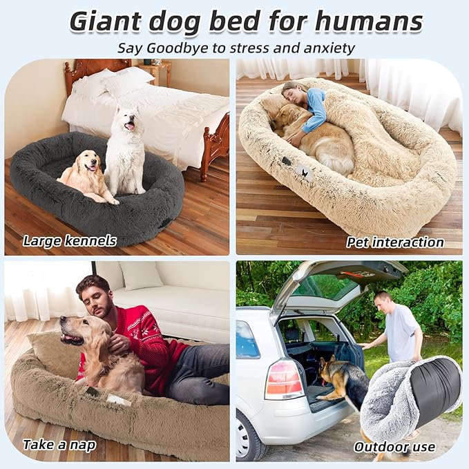 WROS Human Dog Bed, Large Dog Beds for Humans Size Fits You and Pets, Washable Faux Fur Orthopedic Human Pet Bed for People Doze Off, Napping, Present Pillow, Blanket, Strap - Khaki