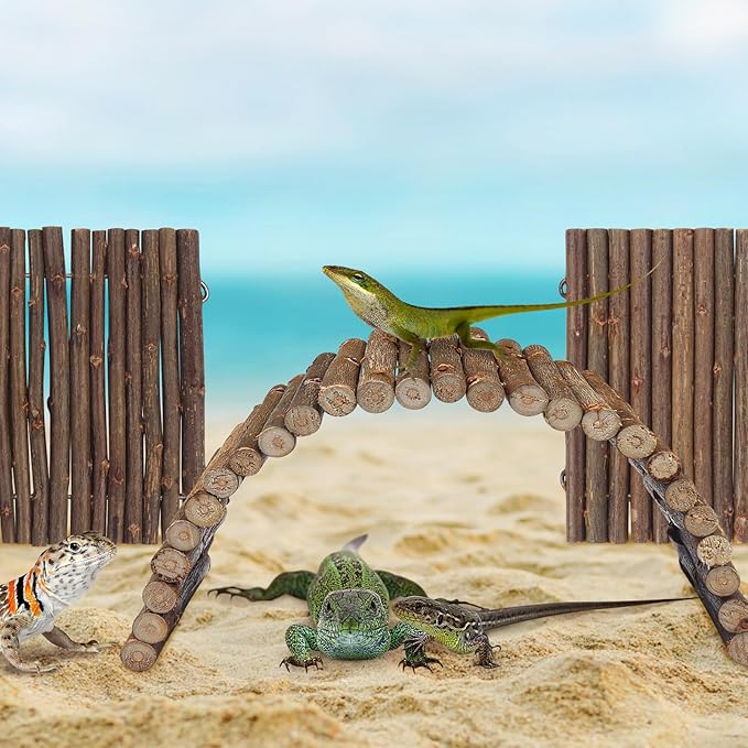 QUOZUO 2PCS Reptile Hideout Hermit Crab Bendable Bridge, Wooden Hermit Crab Hideout Climbing Toys, Reptile Tank Habitat Decor Hiding Hut for Lizards, Mice, Spiders