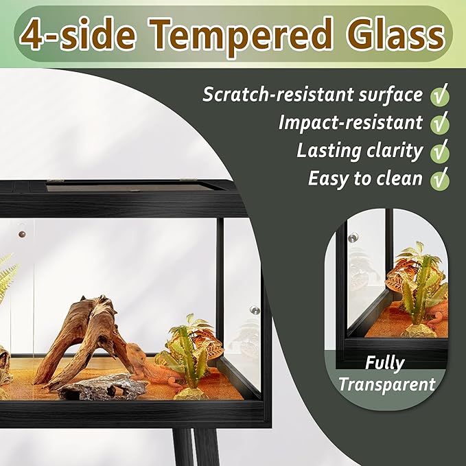 PROLEE Reptile Enclosure with Leg, 82 Gallons Bearded Dragon Tank, Tempered Glass Lizard Tank with Metal Mesh Tops and Lockable Door, Spacious Reptile Habitat for Snake,Lizard (Black)