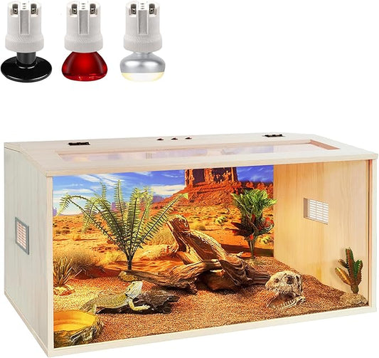 PROLEE Bearded Dragon Tank, Up to 81Gallon Reptile Enclosure, Tempered Glass Lizard Tank, Bearded Dragon Enclosure with Built-in Lamp Fixture for Chameleon (Wooden Roof, 68Gallons,40x19.5x19.5 Inch)
