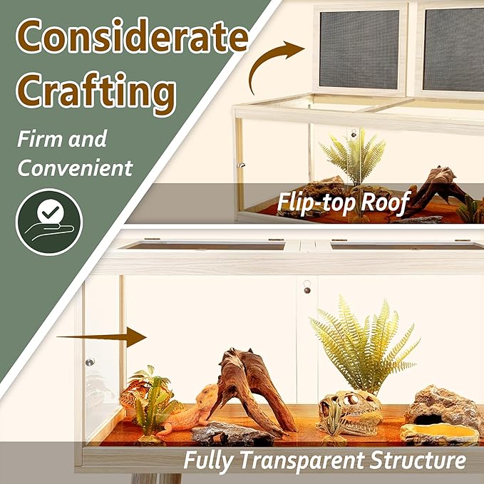 PROLEE Reptile Enclosure with Leg, 65 Gallons Bearded Dragon Tank, Tempered Glass Lizard Tank with Metal Mesh Tops and Lockable Door, Spacious Reptile Habitat for Snake,Lizard (Oak)