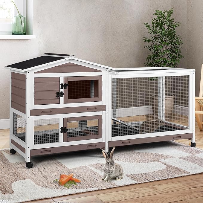 Suumerpety Rabbit Cage,Indoor Rabbit Hutch with Matel Frame and Pull Out Tray,Bunny Hutch Chicken Coop with Run (Brown)