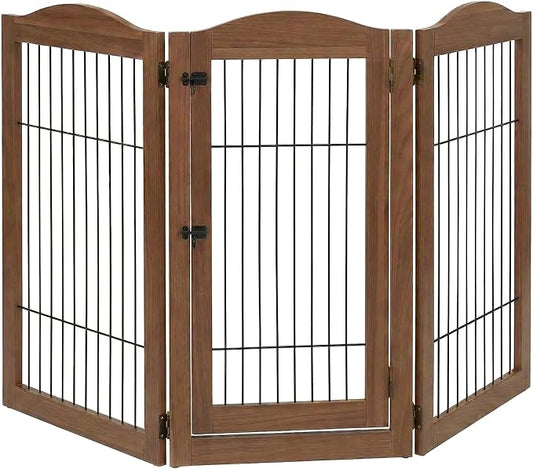 unipaws 31.5 Inch Height Pet Gate with Wood and Wire, 66 Inch Wide Freestanding Walk Through Dog Gate, Foldable Stairs Barrier for Dogs Cats