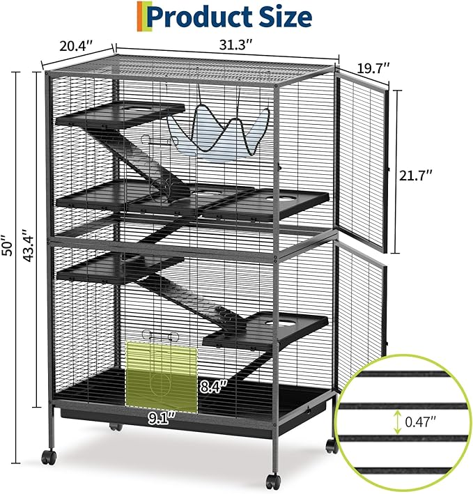 Garvee Ferret Cage, 50" h Large Ferret Nation Cage with 5 Removable Ramps, Hammock, Metal Small Animal Cages for Guinea Pigs, Sugar Glider Rabbit, Chinchillas