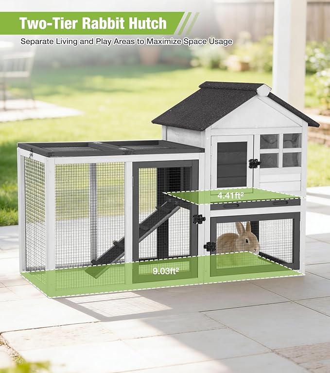 GUTINNEEN Rabbit Hutch Outdoor Rabbit Cage Indoor 51.6" L Waterproof Bunny Cage with Chew-Proof Ramp and Lockable Doors for Indoor Outdoor Use Black and White