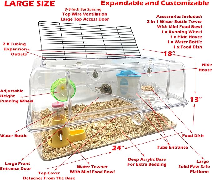 Large 2-Tiers Acrylic Clear Hamster Mouse Deluxe Palace House Habitat with Large Running Wheel Water Bottle Tower Food Bowl Hide House Deep Base Ground Expansible Outlet